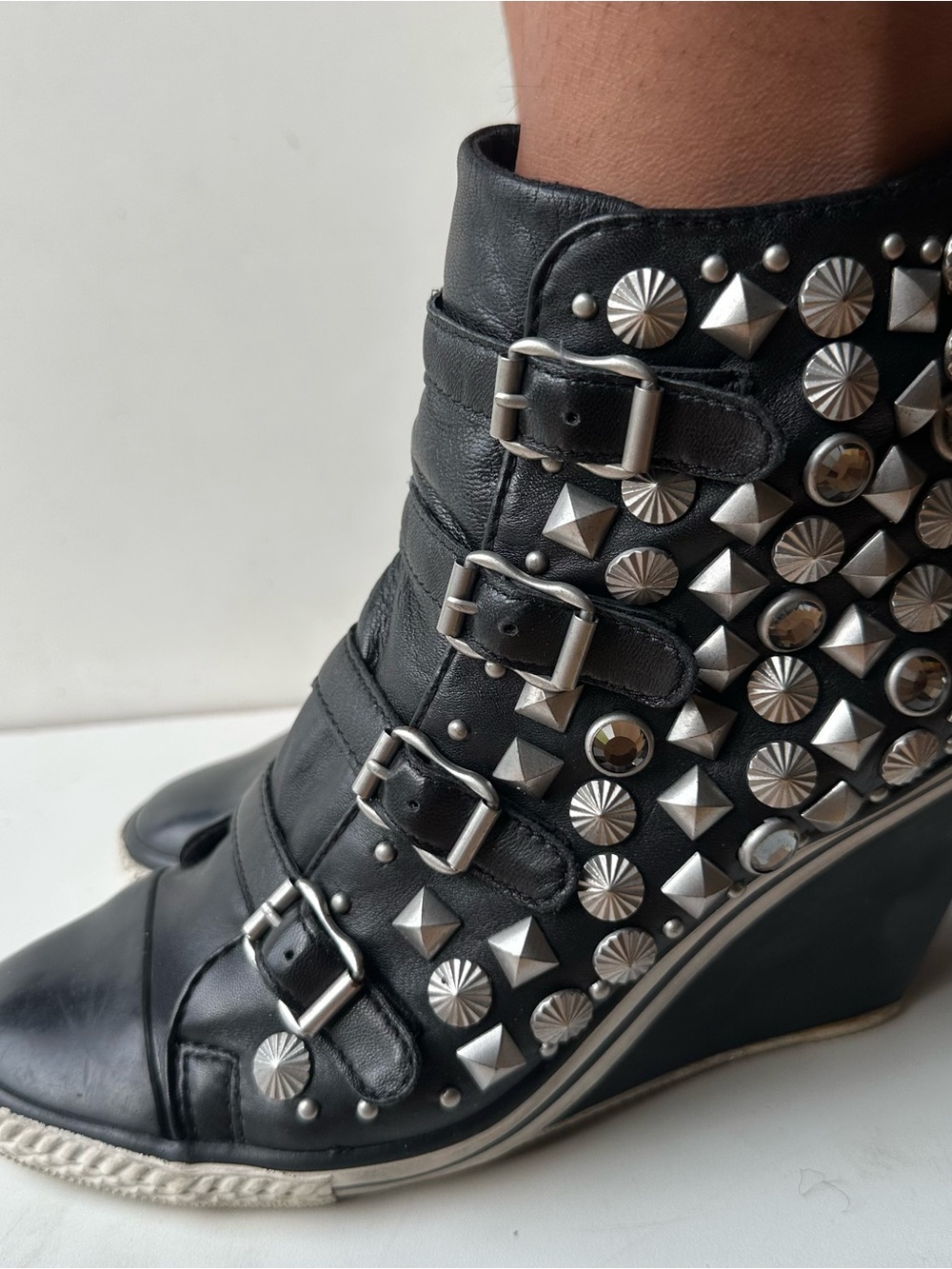 ASH Vintage Black Studded Wedge Sneaker Boots Leather Buckle Zip EU 39 - Picture 12 of 15
